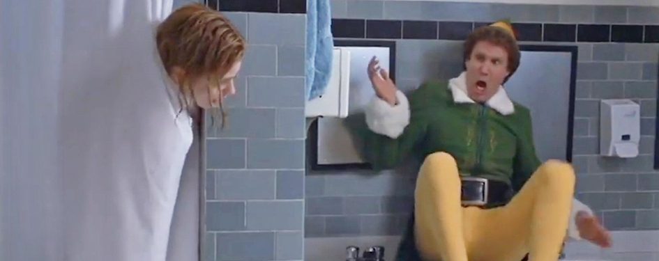 Hand dispensers in a commercial washroom on the Christmas film 'Elf'