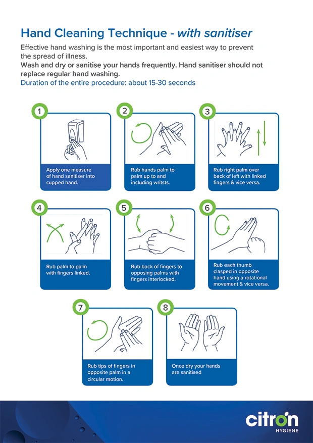 free hand cleaning techniques with hand sanitiser poster downloadable from citron hygiene