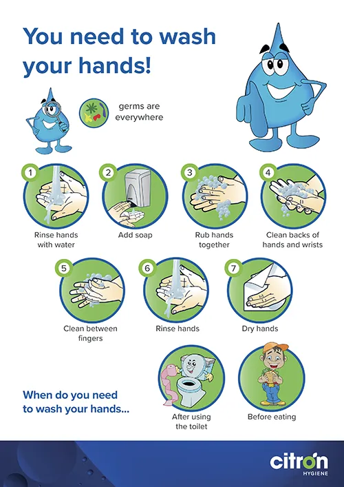 Free hand washing technique poster for children mock-up for PDF downloadable from Citron Hygiene