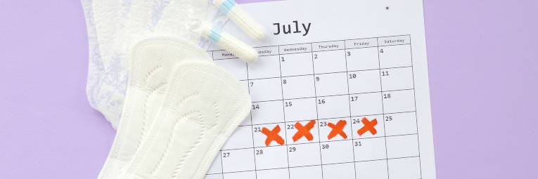 Aspects of women wellness in monthlies period. Menstrual pads and tampons on menstruation period calendar. Woman critical days, gynecological menstruation cycle period. Sanitary woman hygiene